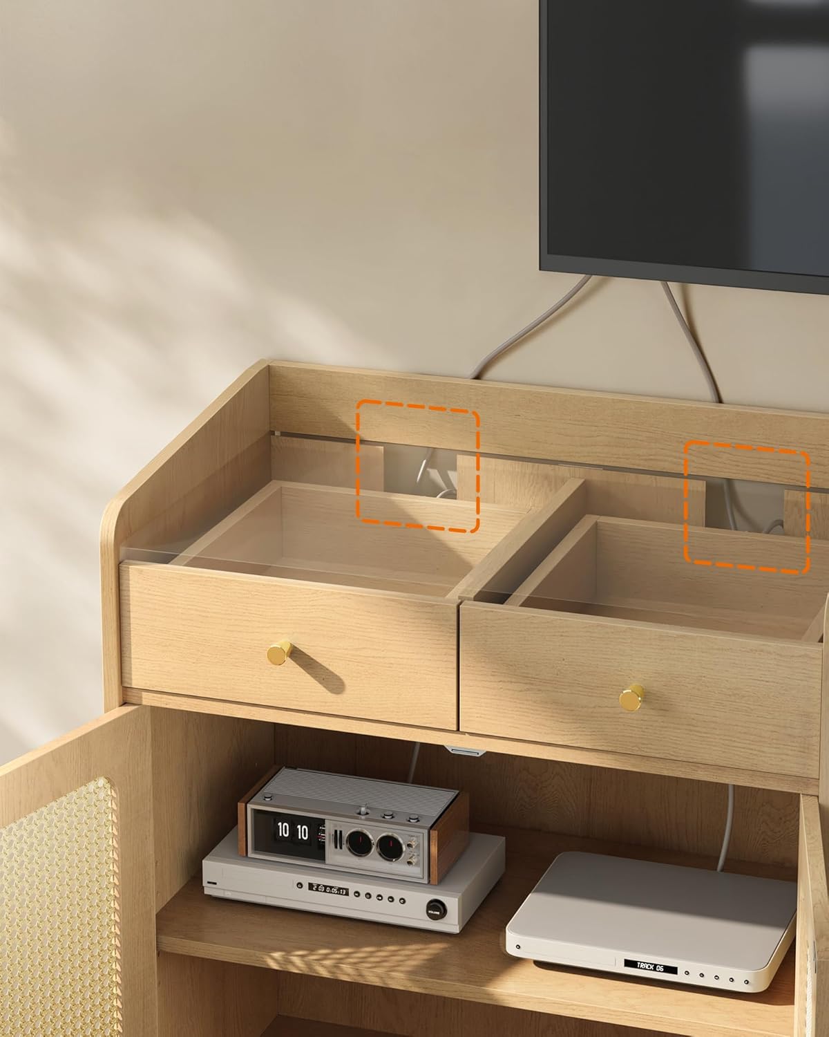 SONGMICS Dulap 70x40x90 cm, cu 2 sertare, raft reglabil si usi duble, MDF si lemn masiv, stil boho, stejar bej