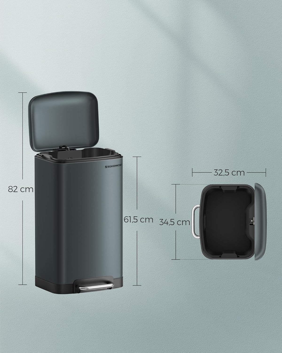 SONGMICS Cos de gunoi 34x25x61 cm, 30L, cu pedala, capac soft-close si galeata detasabila, verde-gri