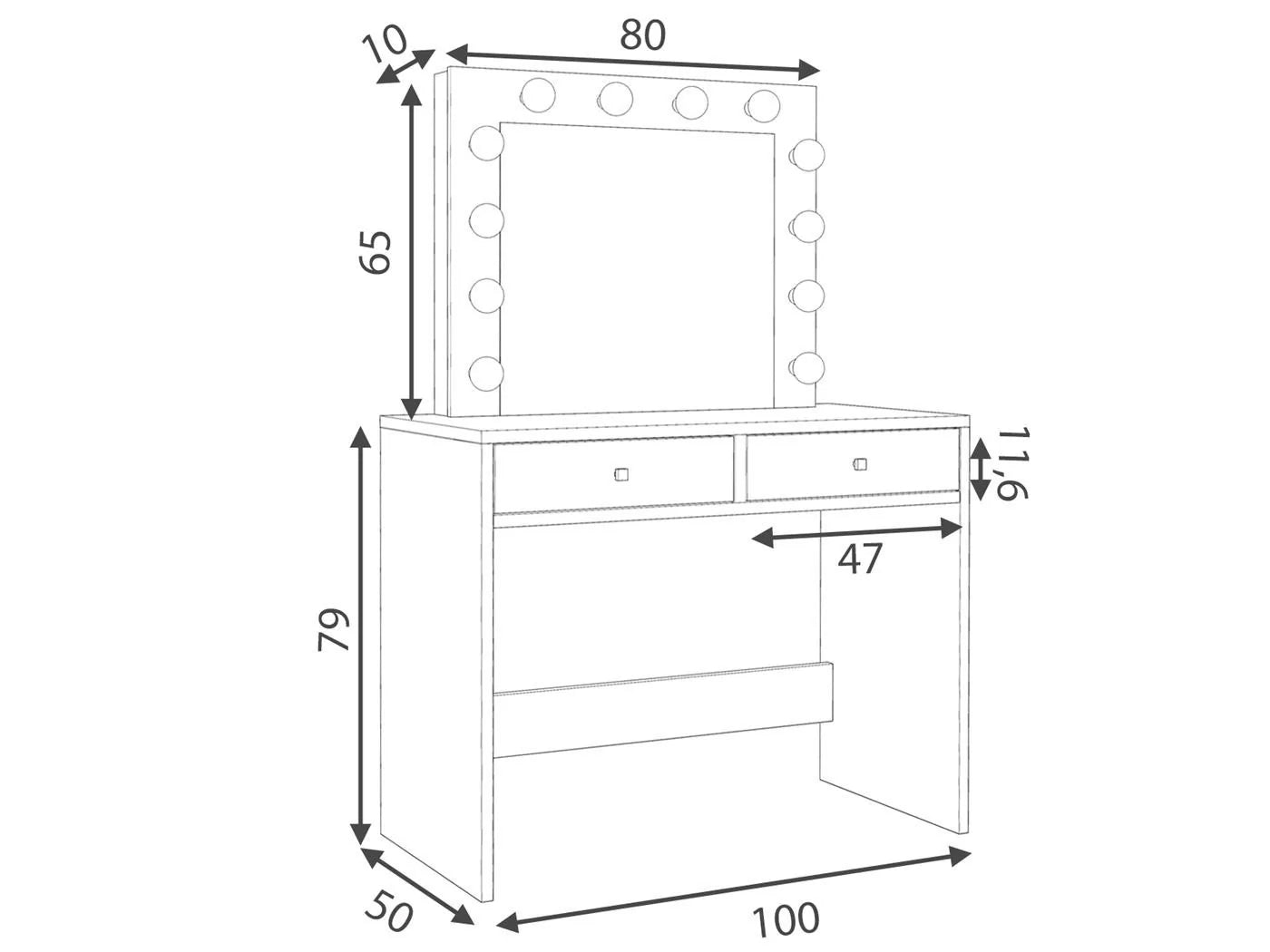 Masa de toaleta si machiaj Mega 12 LED, 100x50x144 cm, cu oglinda iluminata si 2 sertare, alb
