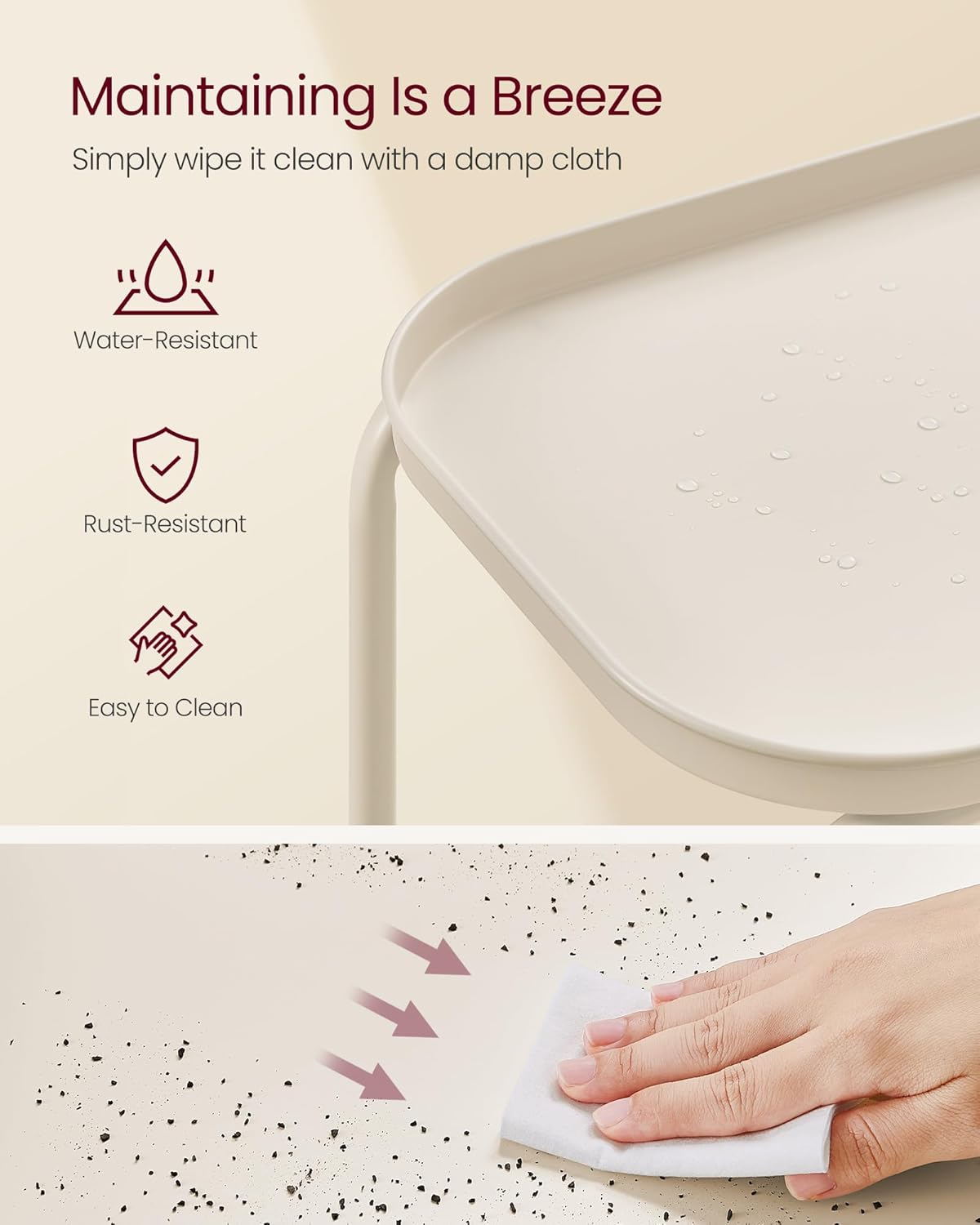 VASAGLE Masuta laterala 40x30x56 cm, cu 2 rafturi, otel rezistent la apa si zgarieturi, crem