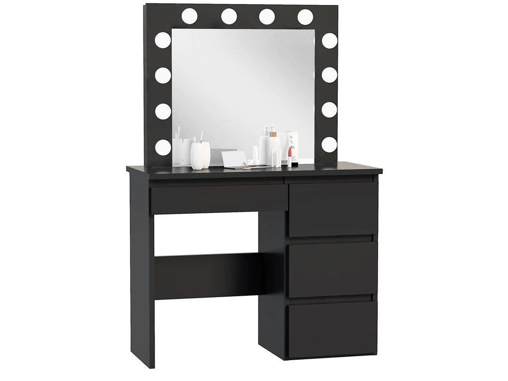 Masa de toaleta si machiaj Hollywood cu oglinda LED si 4 sertare, 94x43x140 cm, negru