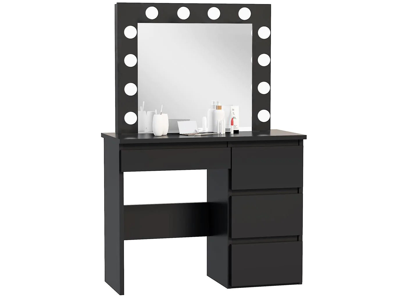Masa de toaleta si machiaj Hollywood cu oglinda LED si 4 sertare, 94x43x140 cm, negru