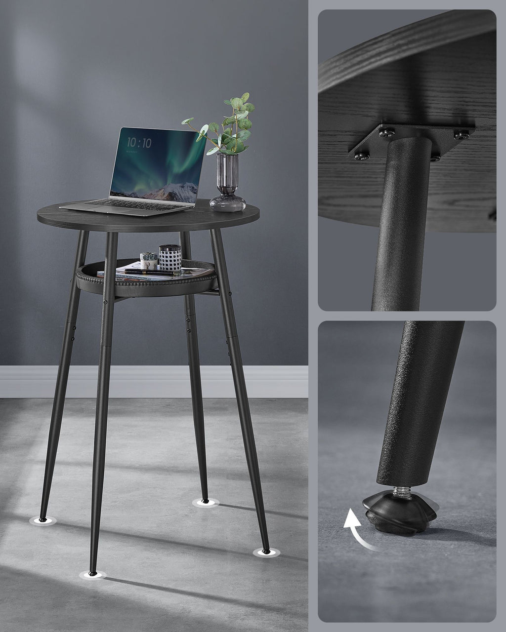 VASAGLE Masa de bar neagra, 70x70x91 cm – design elegant cu piele artificiala, blat 60 cm, stabila si usor de asamblat