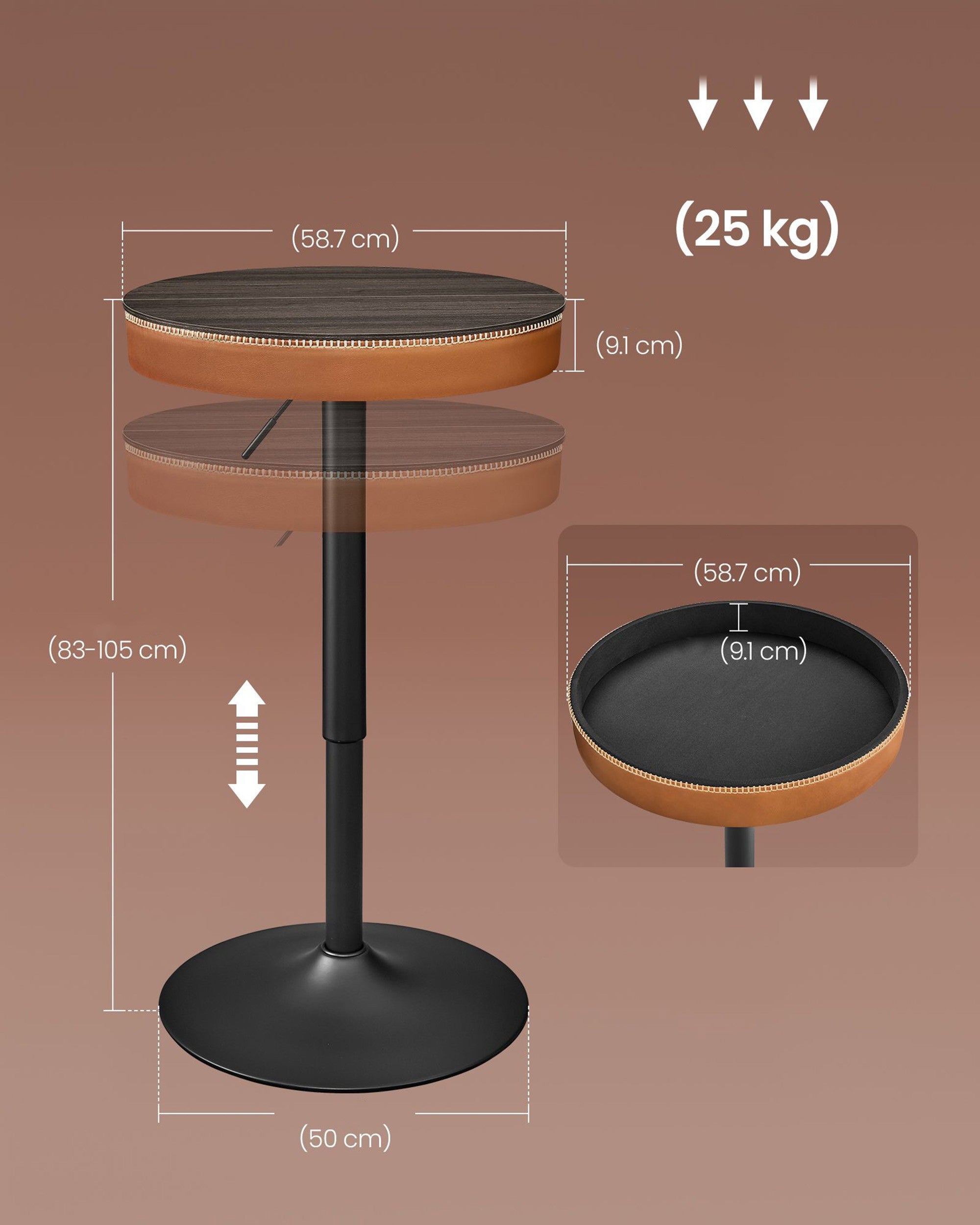 VASAGLE Masa de bar maro caramel, 59x59x(83-105) cm – inaltime reglabila, compartiment de depozitare