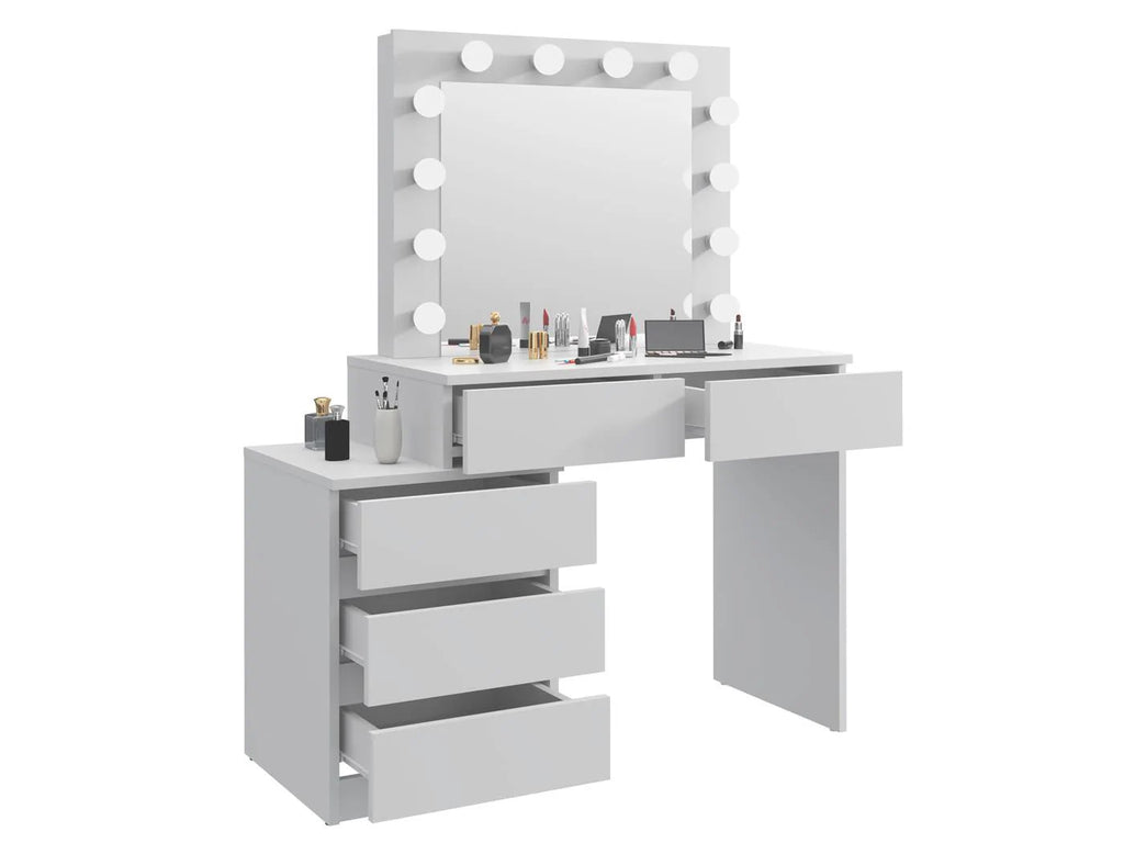 Masa de toaleta si machiaj Adele cu 5 sertare si oglinda 12 LED, 113x47x142 cm, alb