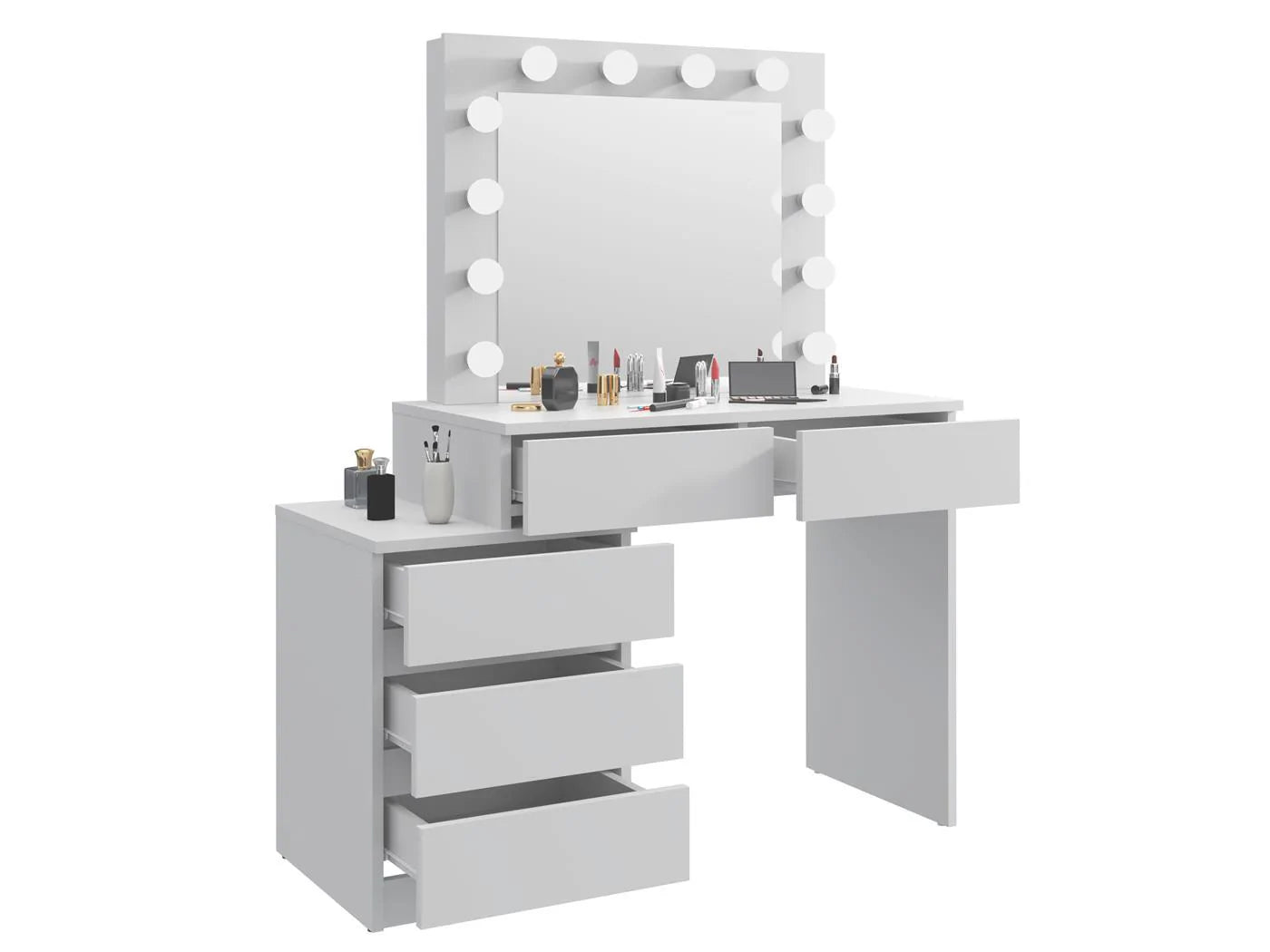 Masa de toaleta si machiaj Adele cu 5 sertare si oglinda 12 LED, 113x47x142 cm, alb