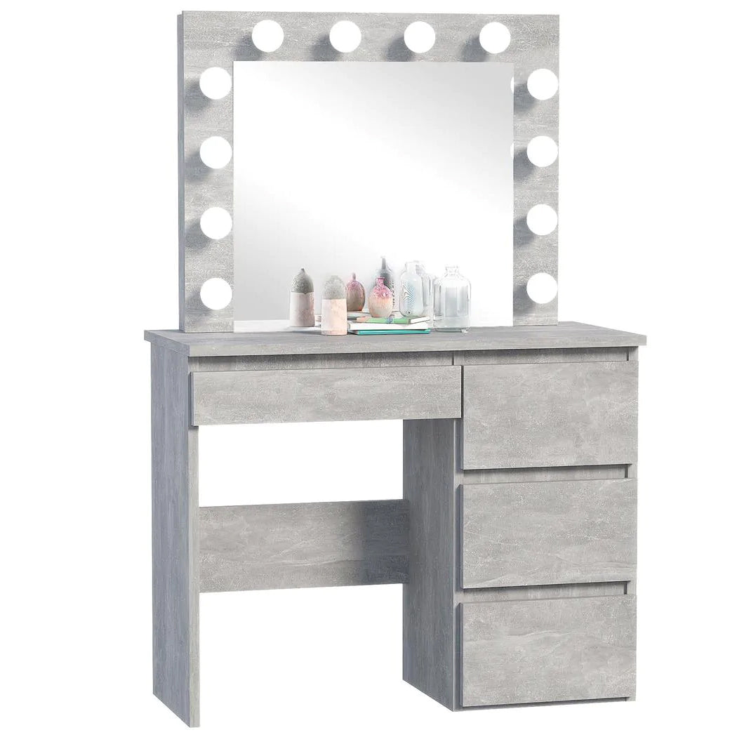 Masa de toaleta si machiaj Hollywood cu oglinda LED si 4 sertare, 94x43x140 cm, gri beton