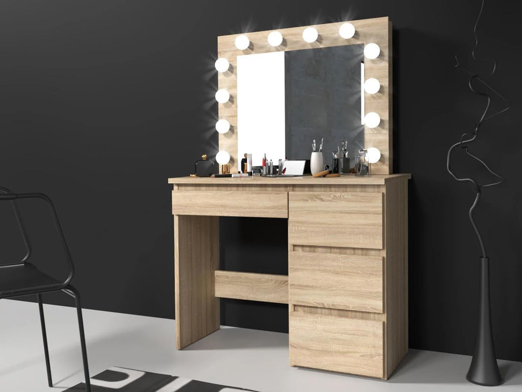 Masa de toaleta si machiaj Hollywood cu oglinda LED si 4 sertare, 94x43x140 cm, stejar