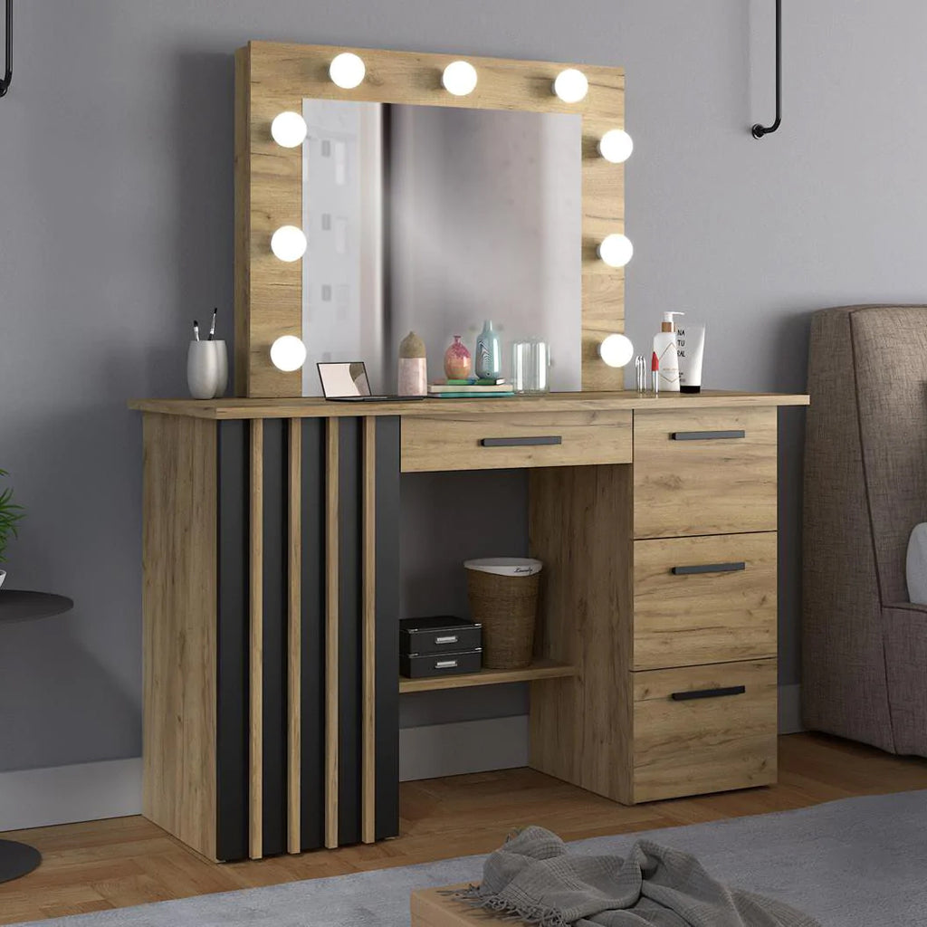 Masa de toaleta si machiaj suspendabila 120x45x140 cm cu oglinda LED si 4 sertare, craft si negru