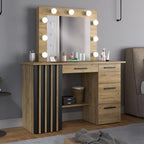 Masa de toaleta si machiaj suspendabila 120x45x140 cm cu oglinda LED si 4 sertare, craft si negru