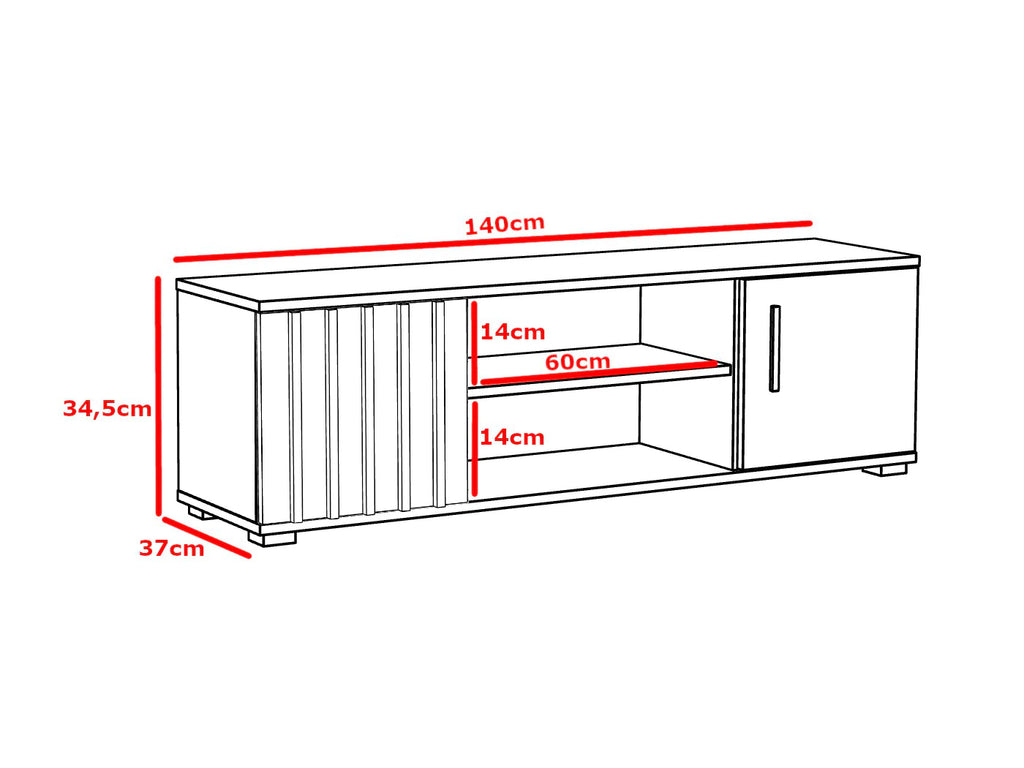Comoda TV moderna 140x37 cm cu 2 usi si rafturi, finisaj craft cu negru