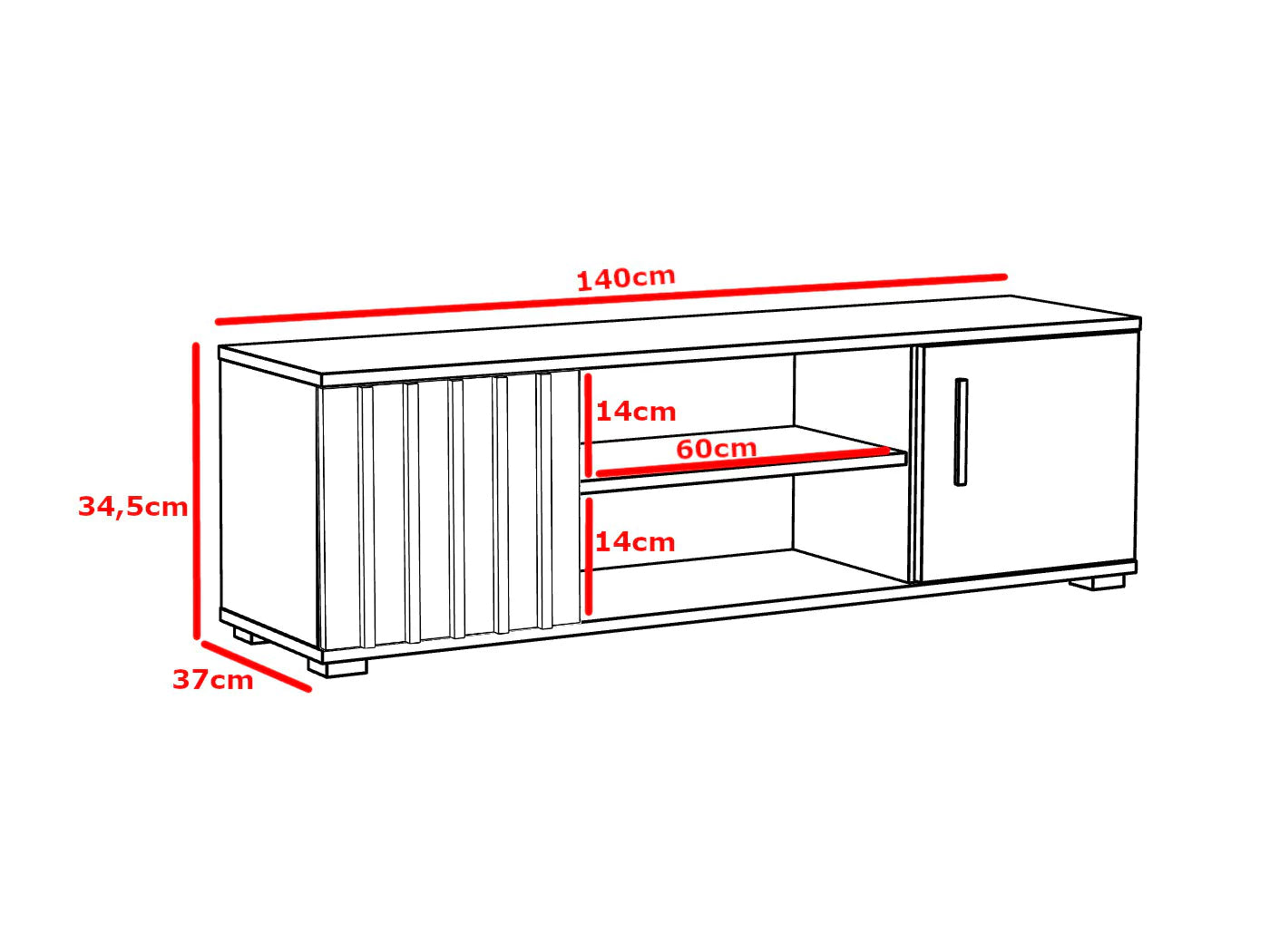 Comoda TV moderna 140x37 cm cu 2 usi si rafturi, finisaj craft cu negru