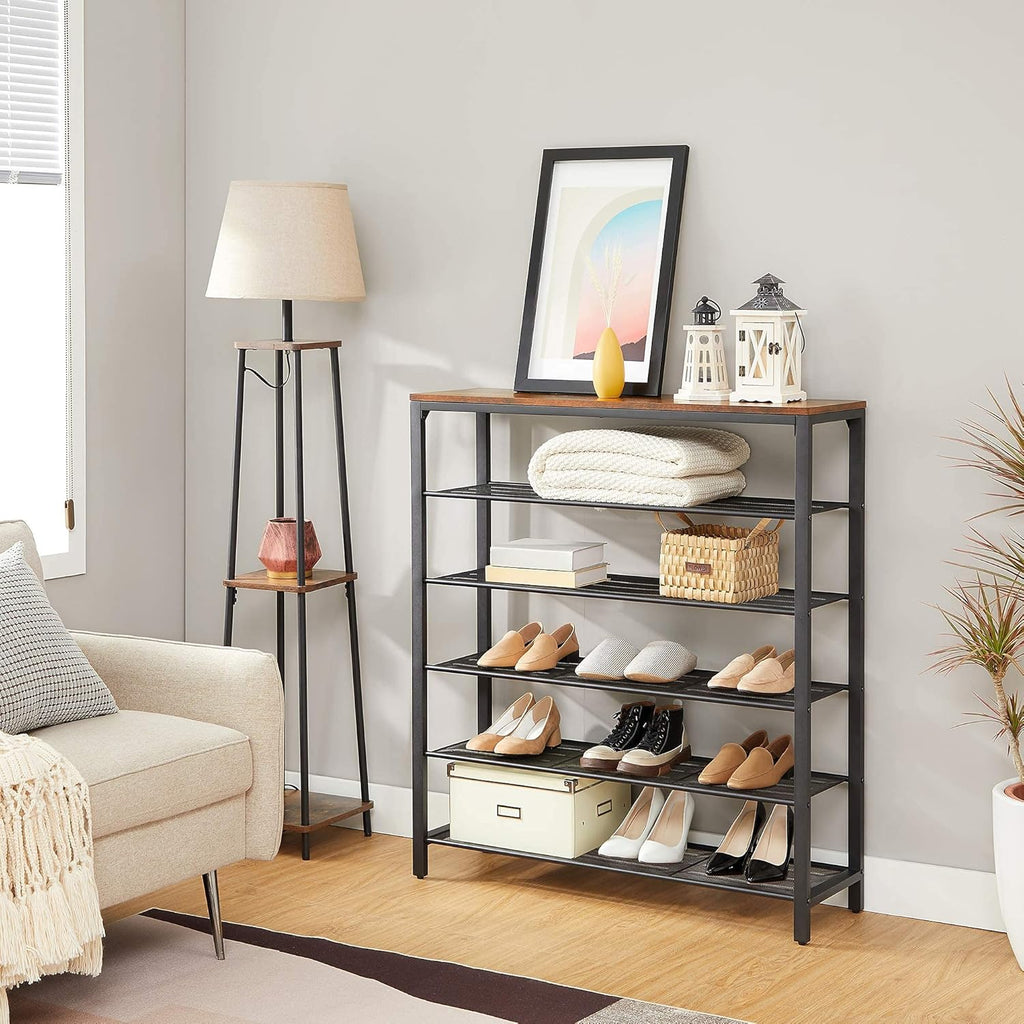 VASAGLE Etajera pantofi cu 5 rafturi si polita superioara, 100x30x110 cm, maro rustic