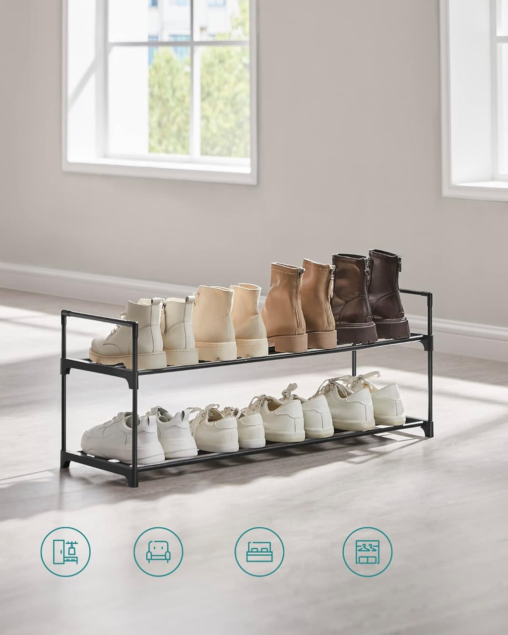 SONGMICS Suport pantofi 92x30x34 cm, 2 niveluri, suprapozabil, structura metalica, negru