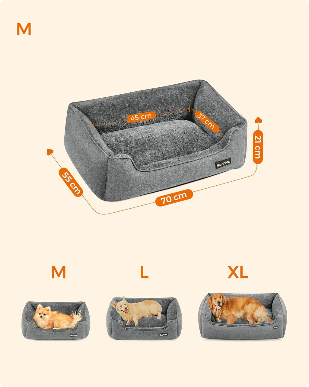 FEANDREA Pat pentru caini, cu margini groase ridicate, antiderapant, husa detasabila, marime M, 70x55x21 cm, gri