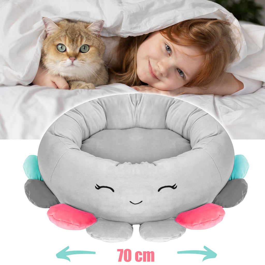 Pat pentru caini, cu margini groase ridicate, antiderapant, model meduza, 70x70x20 cm, gri