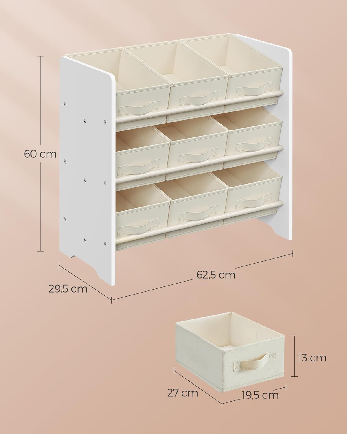SONGMICS Raft jucarii si carti 63x30x60 cm, cu 9 cutii textile detasabile, MDF, alb