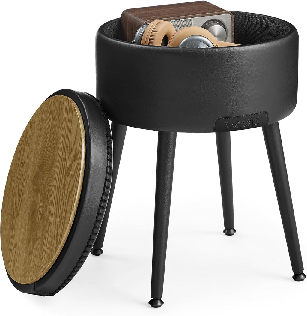 VASAGLE Taburet cu spatiu de depozitare, tapitat PU, cu 2 fete, diametru 32 cm, negru