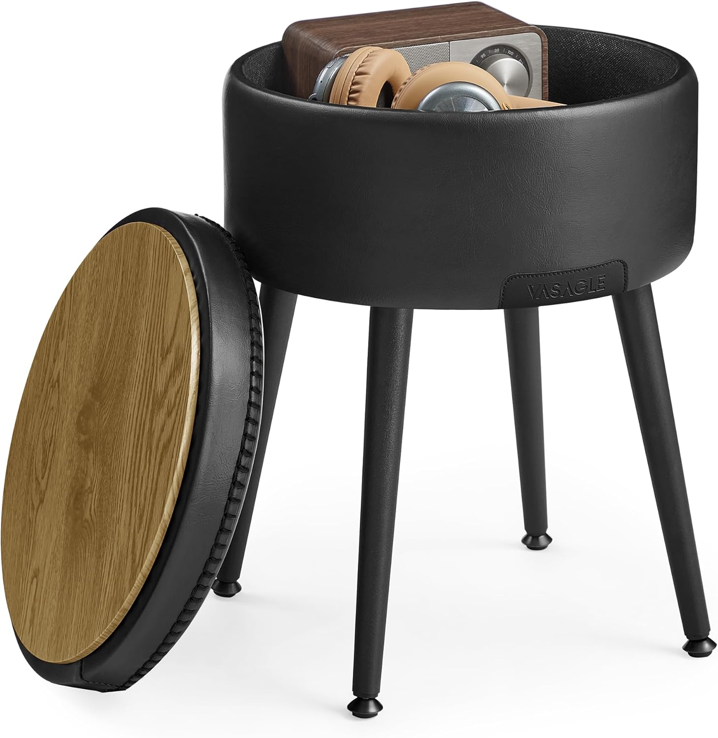 VASAGLE Taburet cu spatiu de depozitare, tapitat PU, cu 2 fete, diametru 32 cm, negru