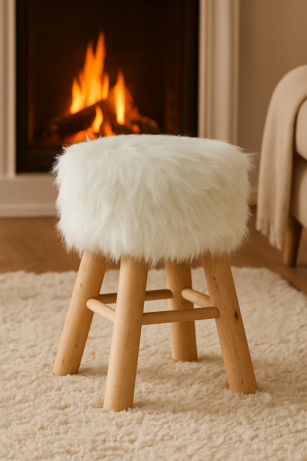 Taburet Atmosphera Oslo cu efect de blana, 42 cm, alb