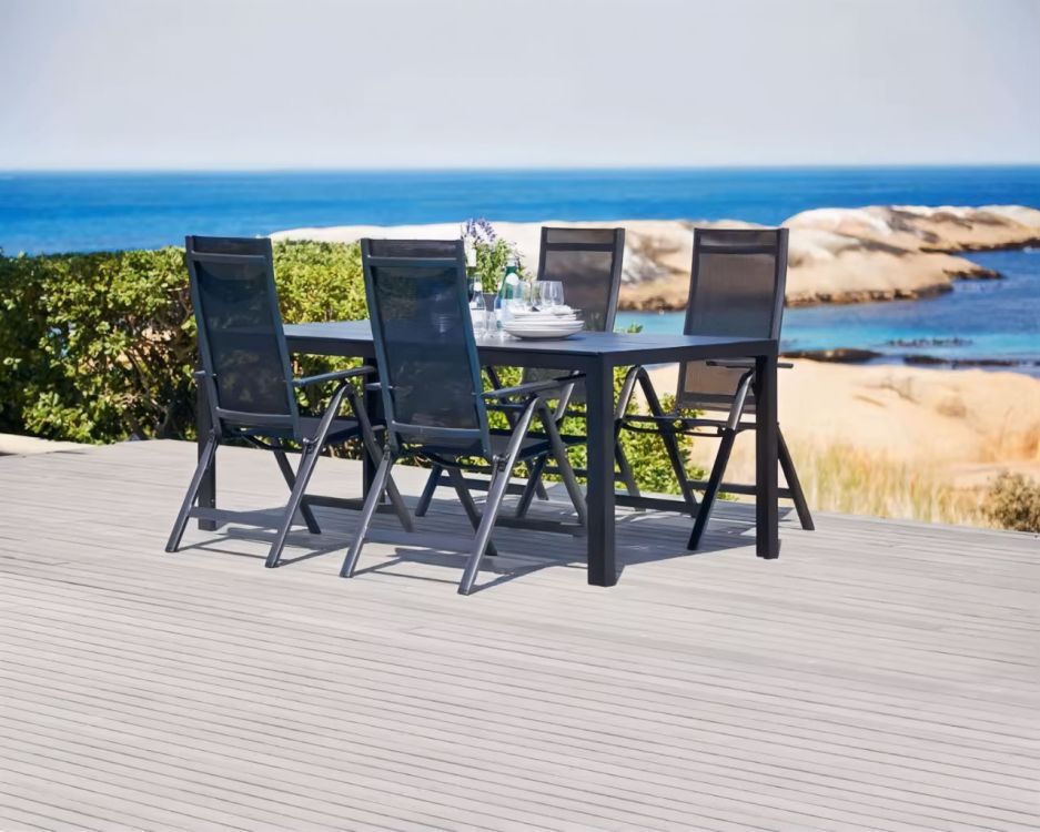 Set 4 scaune gradina 70x57x106 cm, pliante cu spatar reglabil 7 pozitii, structura otel si textilena, gri