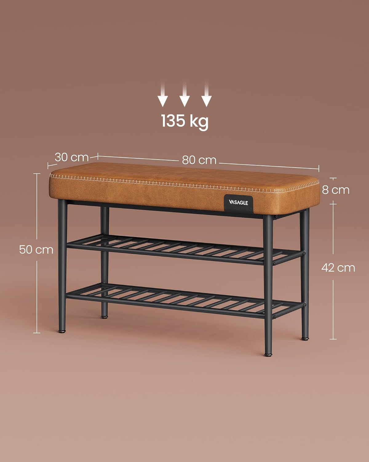 VASAGLE Banca pantofi 80x30x50 cm, cu rafturi si sezut tapitat, otel si piele PU, maro caramel