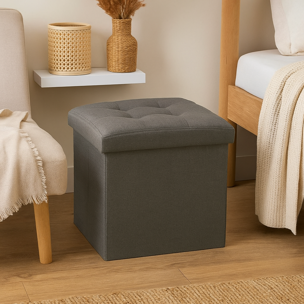 Taburet pliabil Atmosphera Lysandre cu spatiu de depozitare, 38x38x38 cm, gri