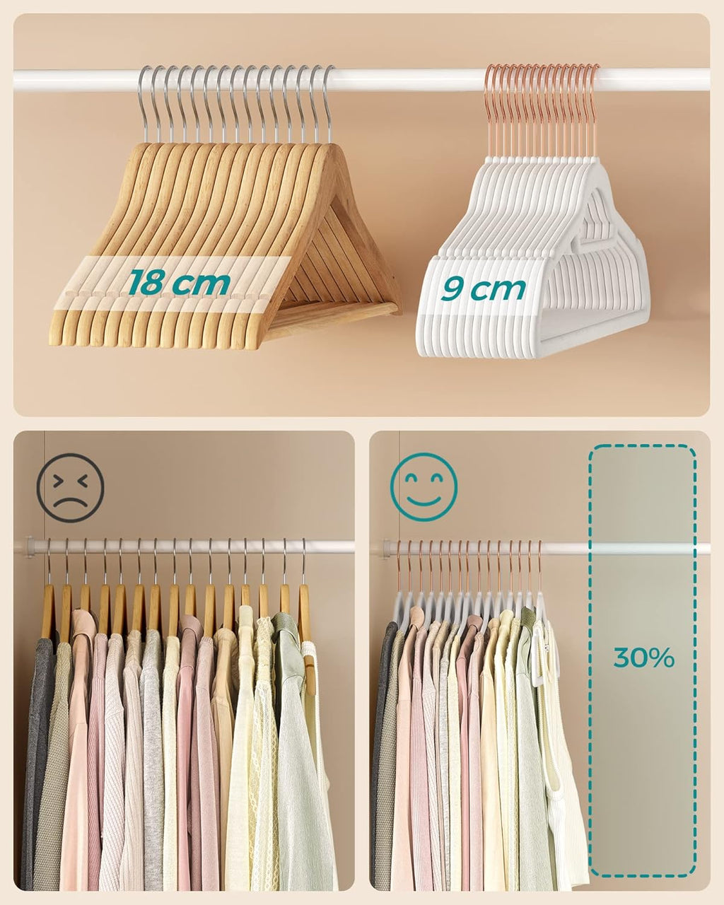 SONGMICS Set 30 umerase catifea cu carlig rotativ, 44x24 cm, alb