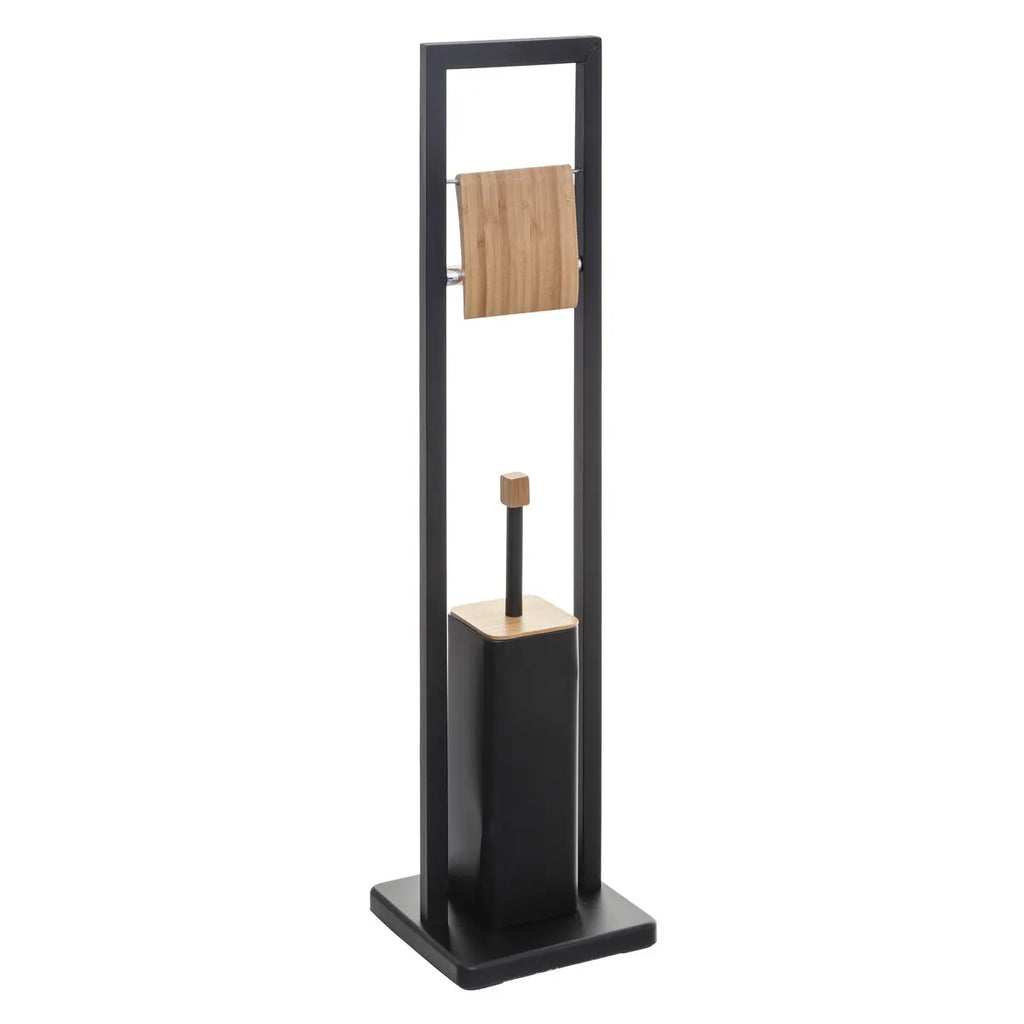 Suport WC cu perie 5Five Natureo, cu suport hartie igienica, metal si bambus, 20x20x80 cm, negru