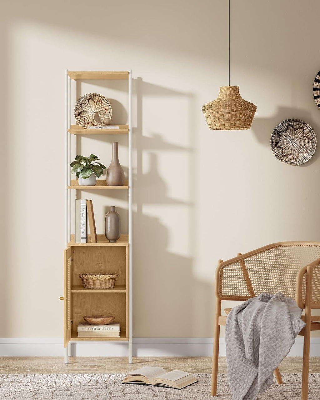 VASAGLE Biblioteca cu 6 etaje, cadru metalic, usa cu efect ratan Boho, 30x40x175 cm, alb si bej