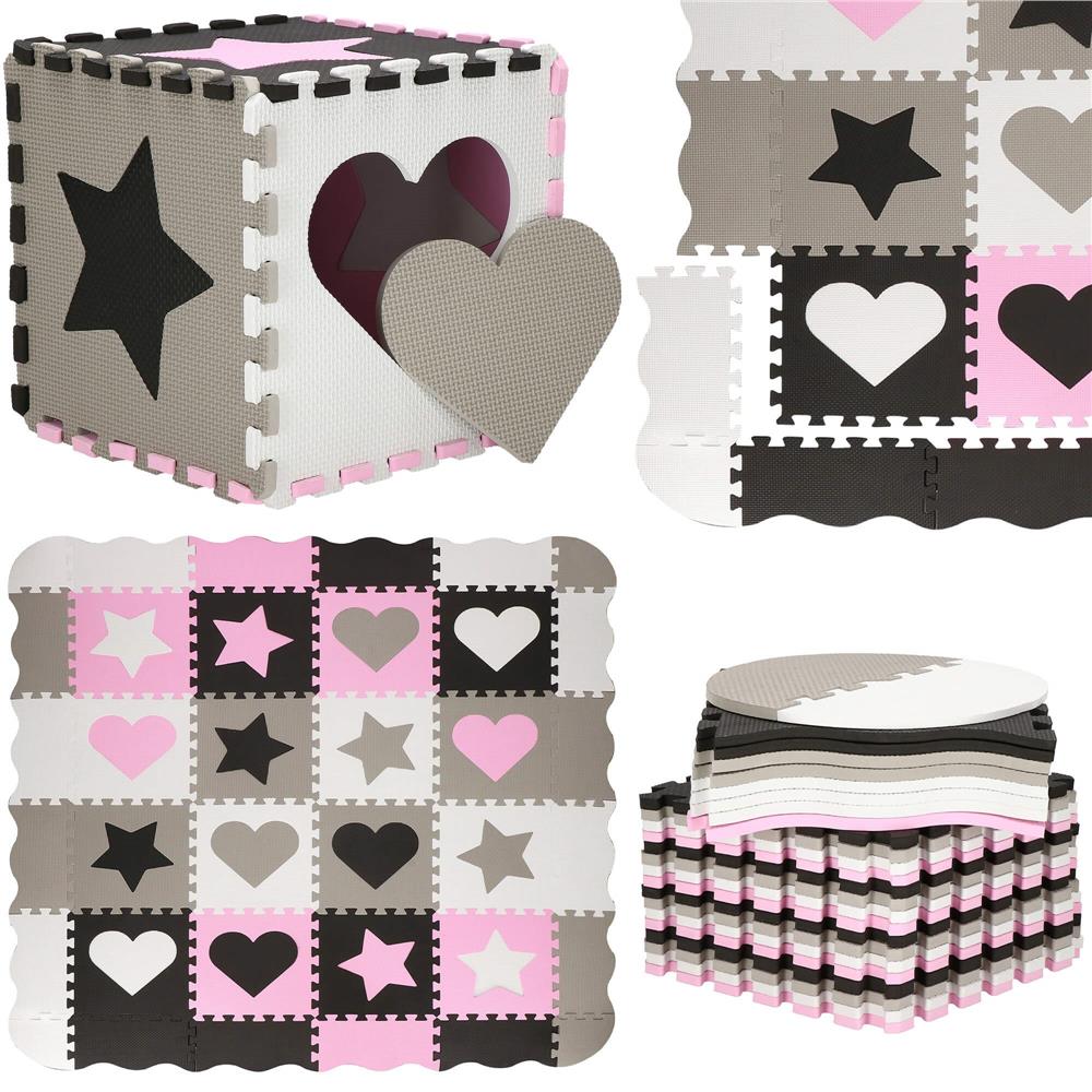 Covor din spuma pentru copii, tip puzzle forme, 52 piese, termoizolant, 150x150 cm, gri roz