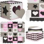 Covor din spuma pentru copii, tip puzzle forme, 52 piese, termoizolant, 150x150 cm, gri roz