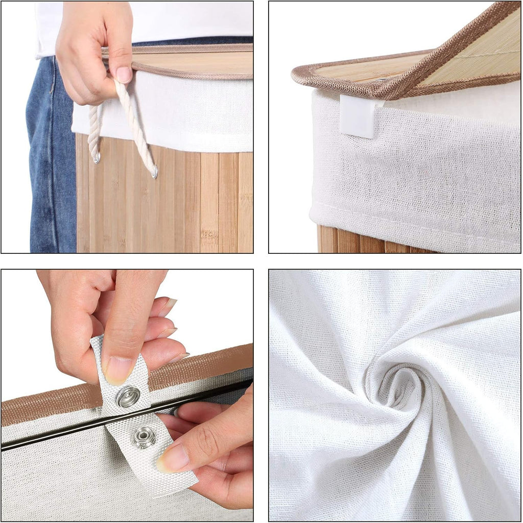 SONGMICS Cos de rufe din bambus cu capac, sac detasabil, volum 100L, 52x32x61 cm, maro