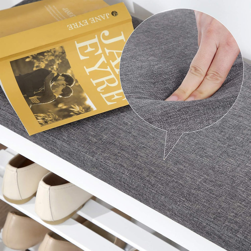 SONGMICS Banca pentru pantofi din bambus, 2 niveluri, cu perna, sarcina 150 kg, 71x29x49 cm, alb si gri