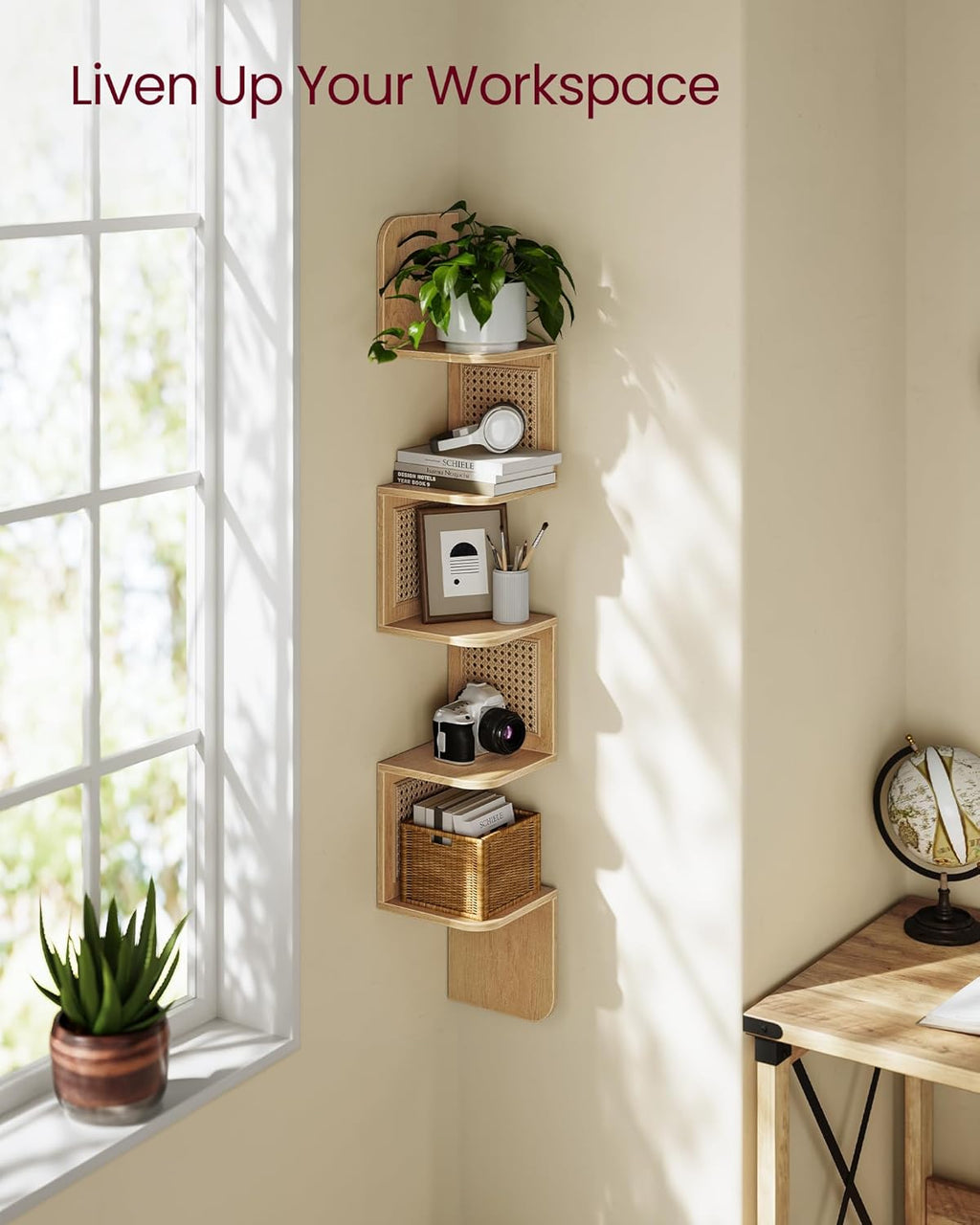 VASAGLE Raft de colt plutitor pe 5 niveluri, stil boho, 20x20x126 cm, bej