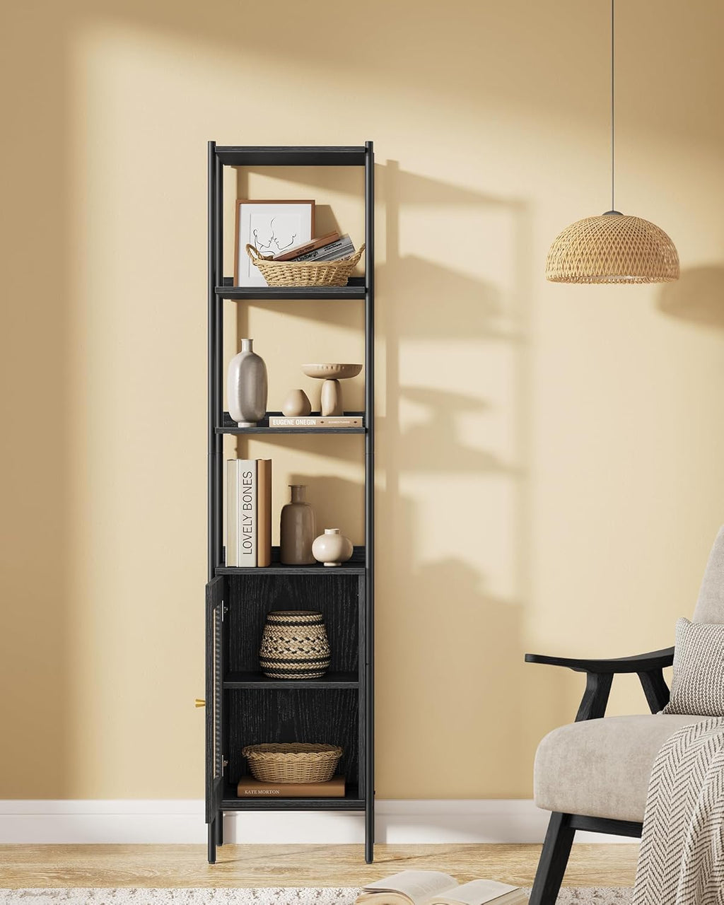 VASAGLE Biblioteca cu 6 etaje, cadru metalic, usa cu efect ratan Boho, 30x40x175 cm, negru