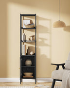 VASAGLE Biblioteca cu 6 etaje, cadru metalic, usa cu efect ratan Boho, 30x40x175 cm, negru