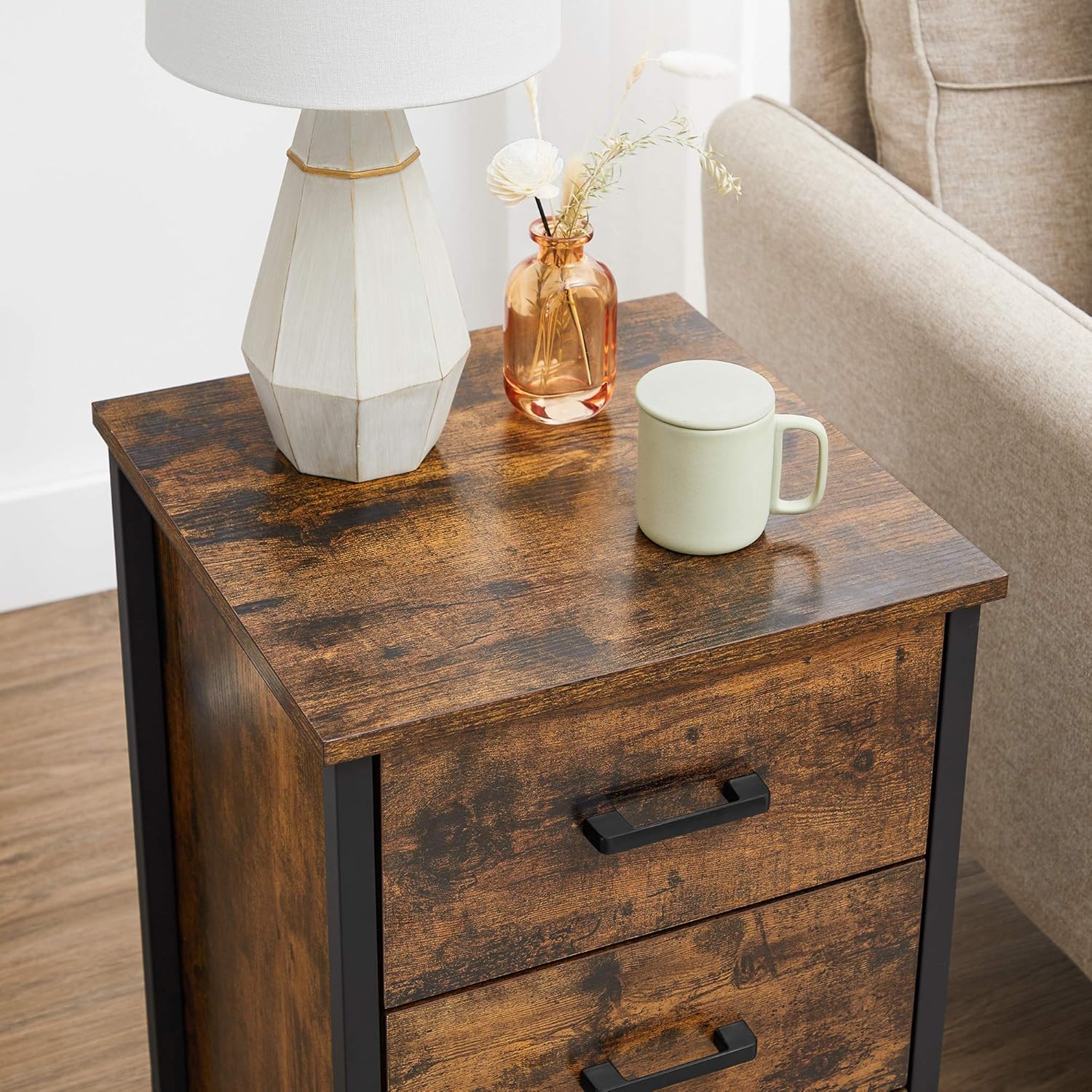 VASAGLE Noptiera cu 3 sertare pentru dormitor, design industrial, 40x40x60cm, maro rustic