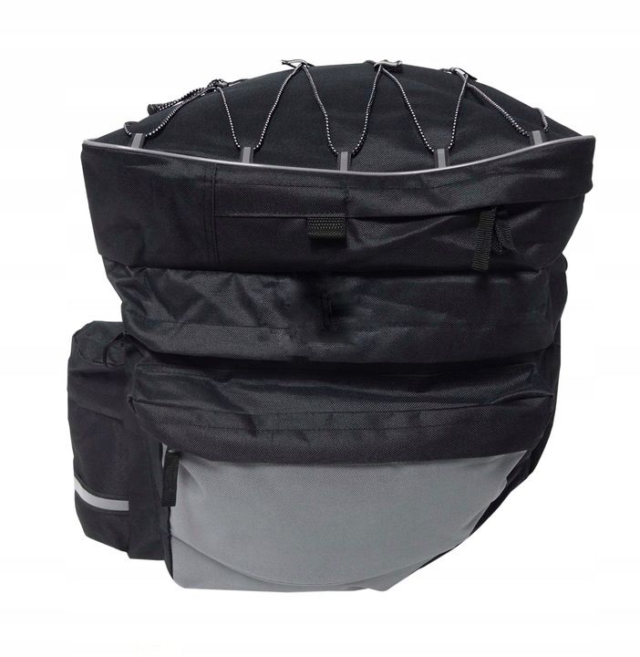 Geanta portbagaj bicicleta dubla, 8 buzunare laterale, 39x34x43cm, negru cu elemente reflectorizante gri, protectie impermeabila