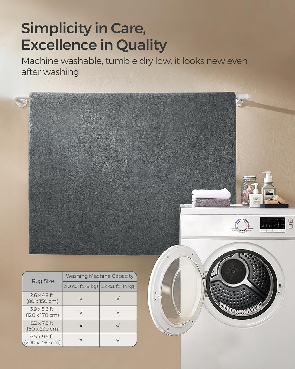 SONGMICS Covor decorativ antiderapant, lavabil la masina, 160×230 cm, gri