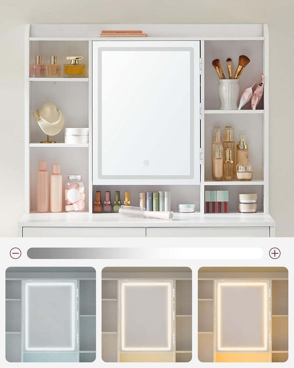 VASAGLE Masa de toaleta cu oglinda, iluminare LED reglabila, 2 sertare, 90x40x145cm, alb