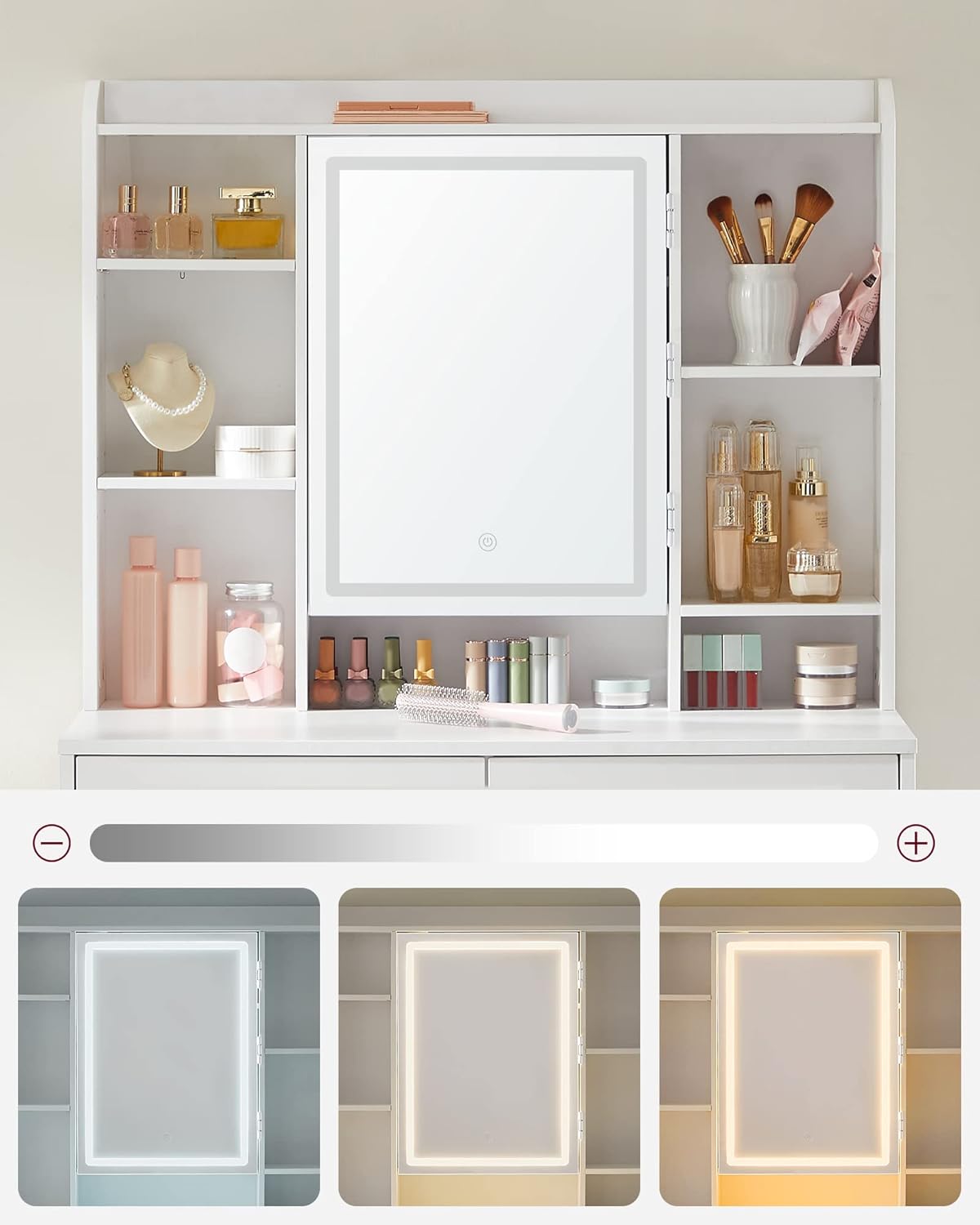 VASAGLE Masa de toaleta cu oglinda, iluminare LED reglabila, 2 sertare, 90x40x145cm, alb