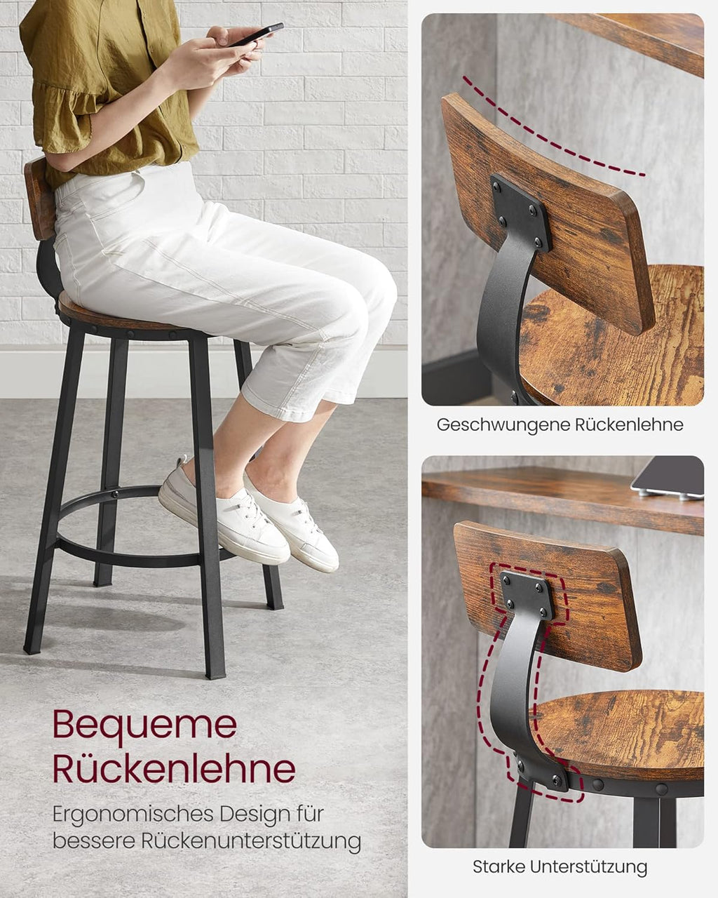 VASAGLE Set de 2 scaune de bar inalte cu spatar, cadru din otel, industrial, 51x89cm, maro rustic
