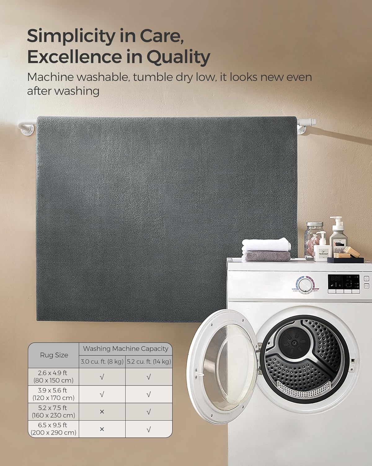 SONGMICS Covor decorativ antiderapant, lavabil la masina, 200×290 cm, gri