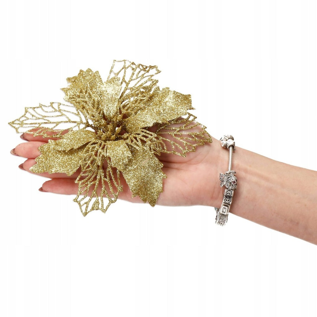 Set 10 ornamente pentru bradul de Craciun, stea Poinsettia, 16cm, galben auriu