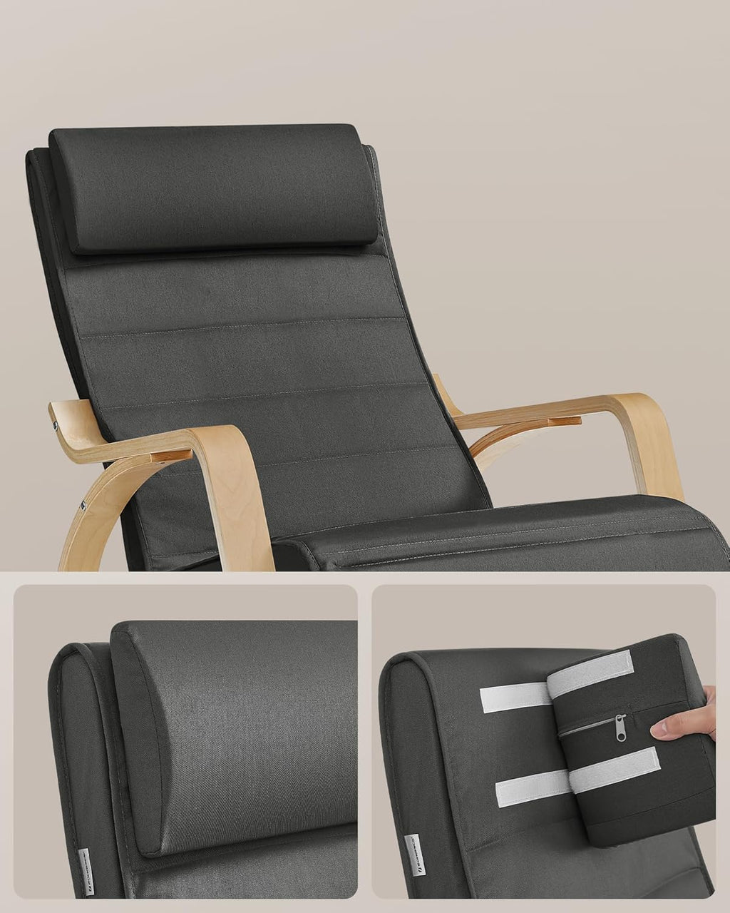 SONGMICS Scaun balansoar din lemn, suport picioare reglabil, maxim 150kg, 67x122x84 cm, gri inchis