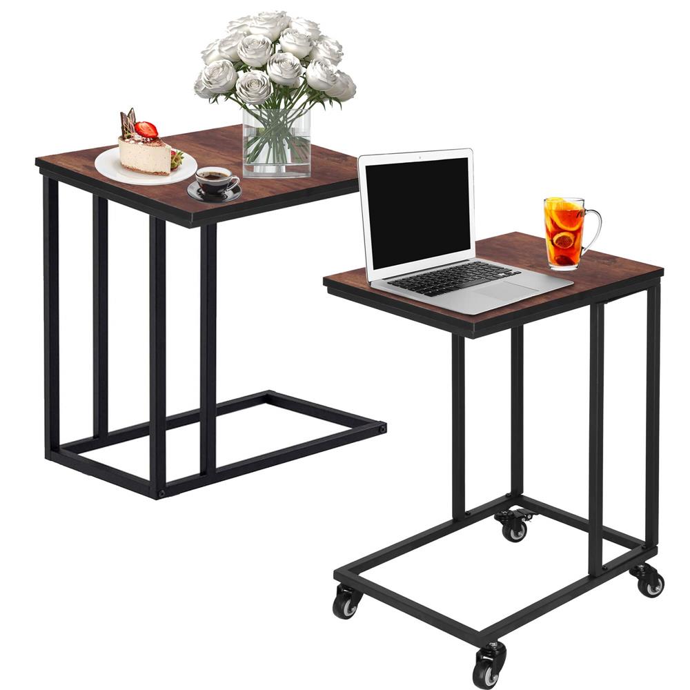 Masuta de cafea, cu cadru de otel si roti, industrial, 35x50x66 cm, maro wenge