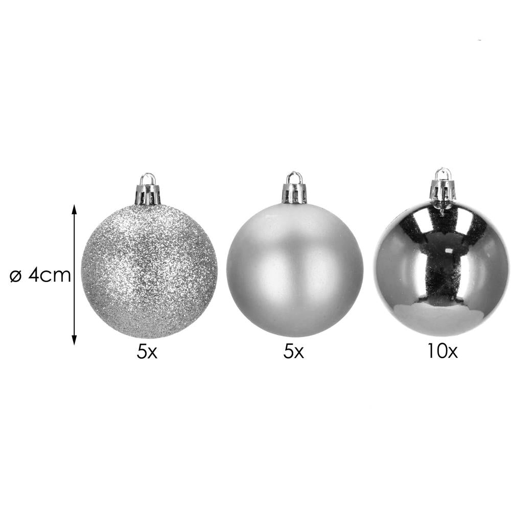 Set globuri de Craciun, 20 bucati, 3 modele, 4cm, argintiu
