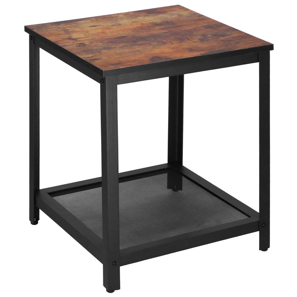 Masa de cafea patrata, noptiera cu cadru otel si polita de depozitare, 45x45x55 cm, maro rustic