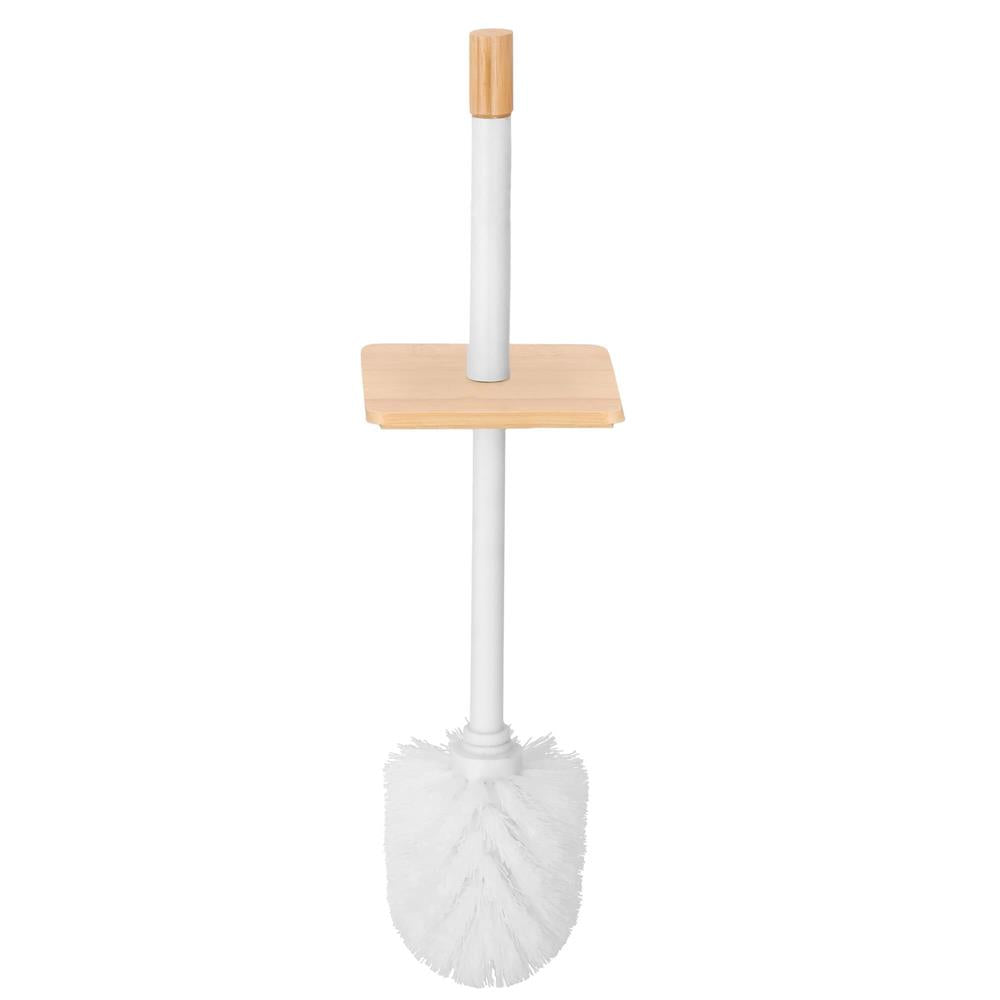 Perie WC cu rezervor detasabil si capac, din metal si bambus, 40 cm, alb